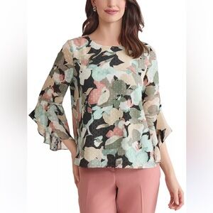Kasper Women’s Multicolor Floral Blouse Bell 3/4 sleeves Size Small NEW